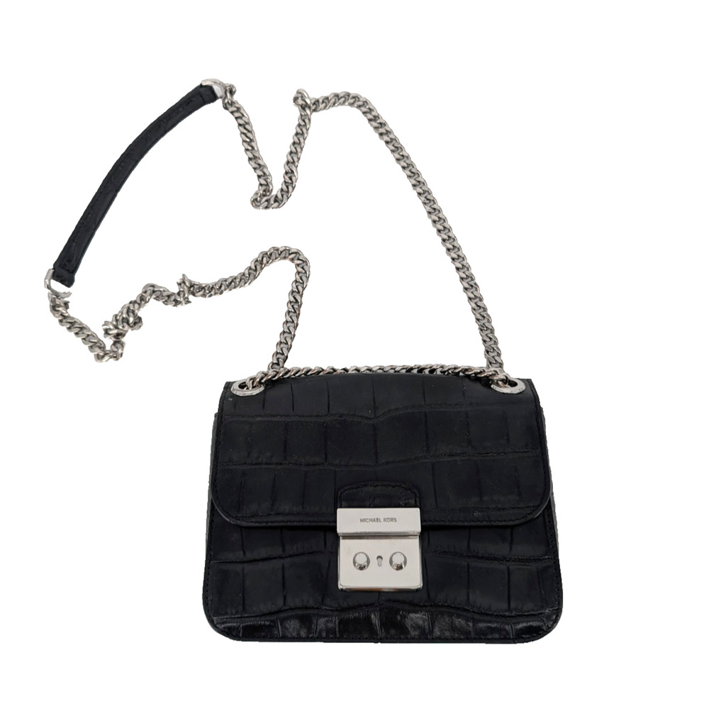 Michael Kors Sloan Editor Black Leather Crocodile Embossed Chain Strap Handbag - Picture 6 of 14